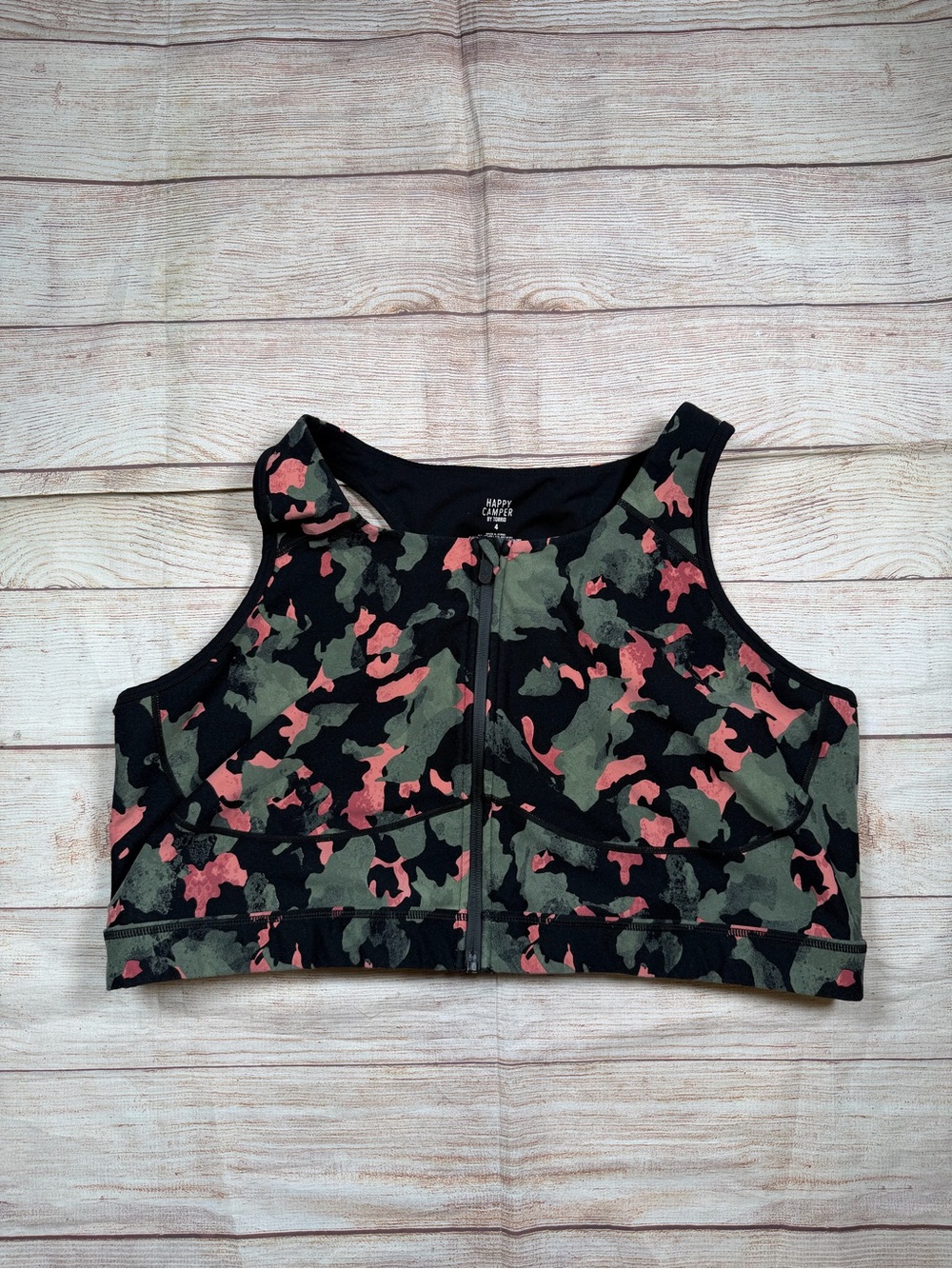 torrid Happy Camper Camo Zip-Front Sports Bra in Black, Green & Pink